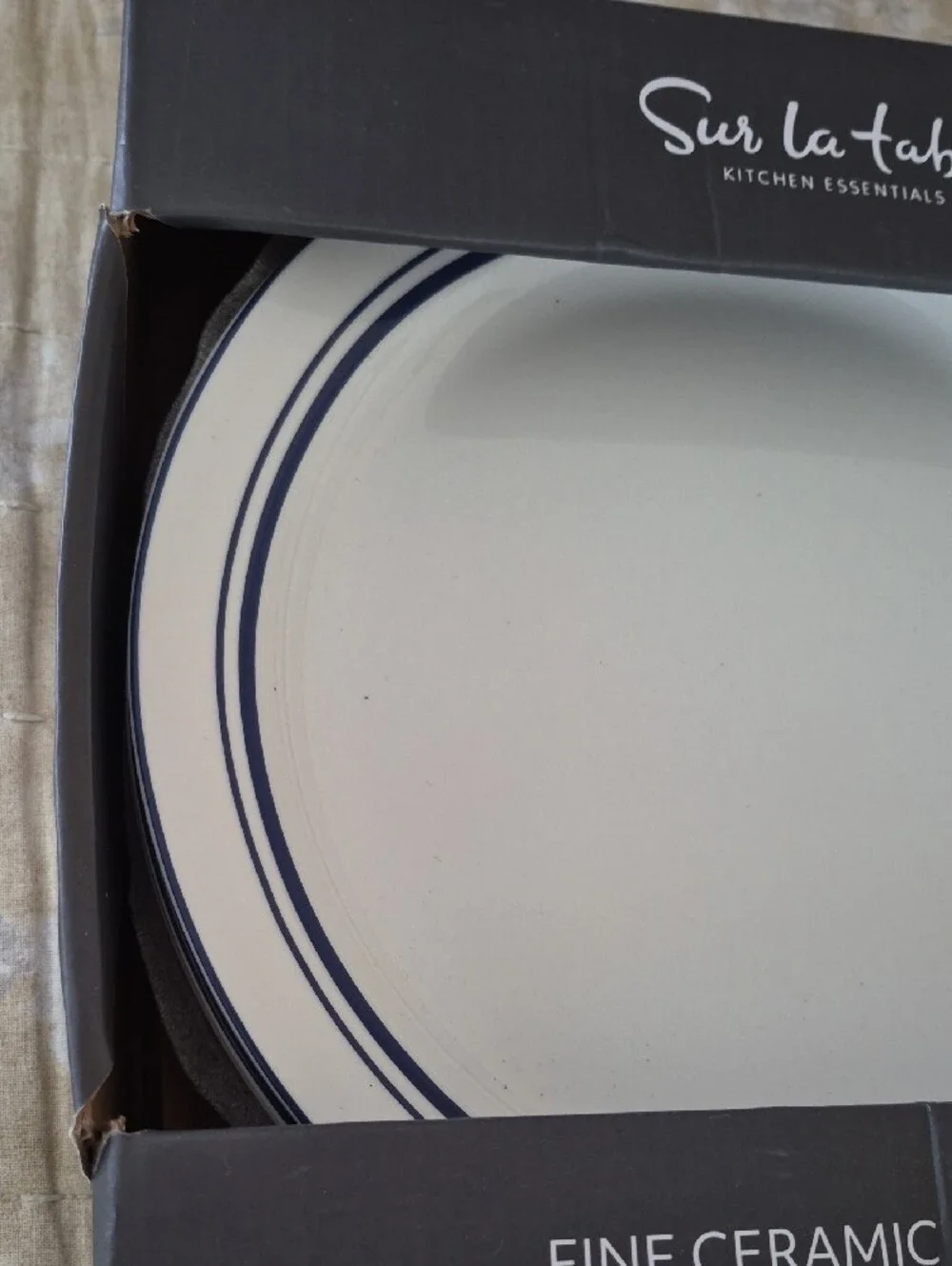 Sur La Table White Ceramic Dinner Plate with Navy Stripes - 4-Piece Set